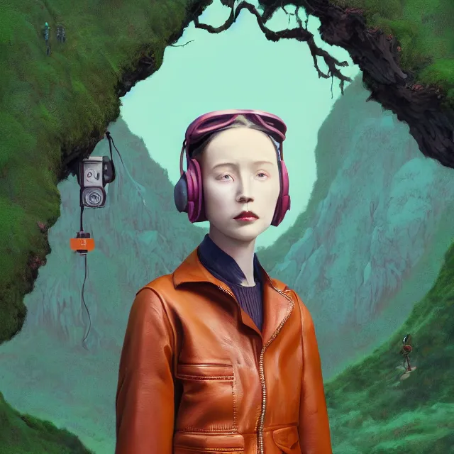 Image similar to portrait of alone androgynous girl wearing bakelite leather jacket, bakelite rocky mountains, moss green japanese haunted forest background, ultrafine hyperdetailed illustration by hsiao - ron cheng and artgerm, modular synthesizer 8 0 s sony stereo helmet backpack, the grand budapest hotel, glow, no crop, digital art, artstation, pop art