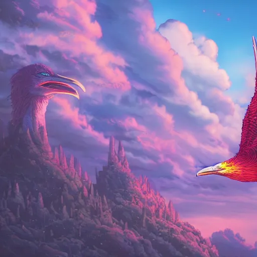 Image similar to the second big bird by dan mumford, yusuke murata, makoto shinkai, ross tran, cosmic, heavenly, god rays, intricate detail, cinematic, 8 k, cel shaded, unreal engine, featured on artstation, pixiv