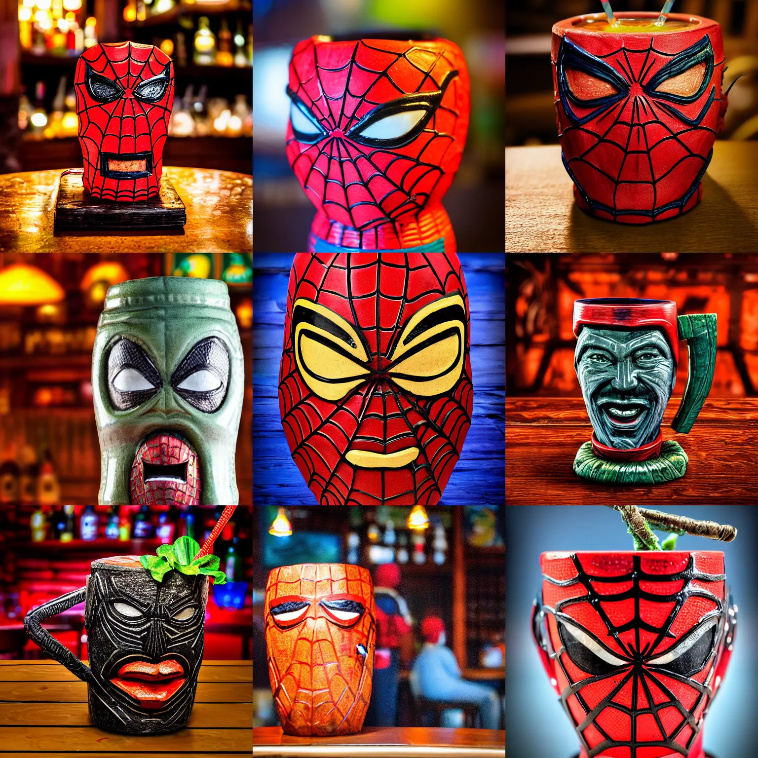 Prompt: a closeup photorealistic photograph of a spider man style tiki mug sitting at a trader vic's bar featuring the face of spider man. tiki theme. bright scene. fine detail. this 4 k hd image is trending on artstation, featured on behance, well - rendered, extra crisp, features intricate detail, epic composition and the style of unreal engine.