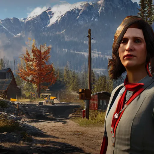 Image similar to queen elizabeth as an npc in far cry 5, ingame screenshot, 1080p