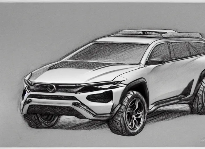 Prompt: concept non - coloring pencil drawing of a new car combined by two different genres for offroading.