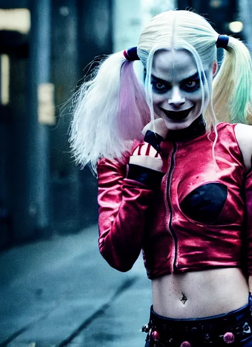 Image similar to 5 0 mm photo of beautiful suicide squad happy margot robbie with long white hair that looks like harley quinn standing on the wet street of dystopian gotham city at night, angry frown, seductive camisole, glamour fashion pose, watercolor, frank miller, moebius, jim lee, cinematic, ridley scott, lens flare, dramatic lighting, annie leibowitz