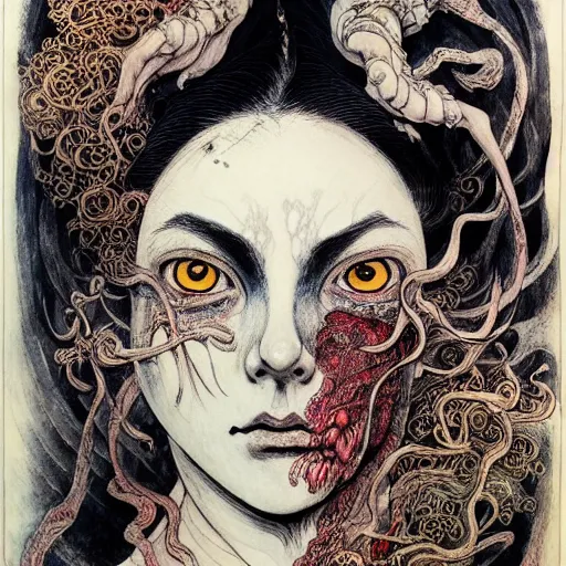 Image similar to prompt: Faceless face painted in William Blake style drawn by Vania Zouravliov and Takato Yamamoto, intricate oil painting, high detail, Neo-expressionism, post-modern gouache marks on the side, gnarly details soft light, white background, intricate detail, intricate ink painting detail, sharp high detail, manga and anime 2000