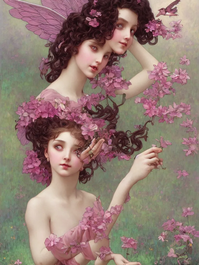 Prompt: one pink fairy with large wings exploring her lonely flower garden by herself in the style of tom bagshaw, william bouguereau, lois van baerle, ilya kuvshinov, alphonse mucha, extremely detailed, muted colors, symmetrical face, large eyes, beautiful face