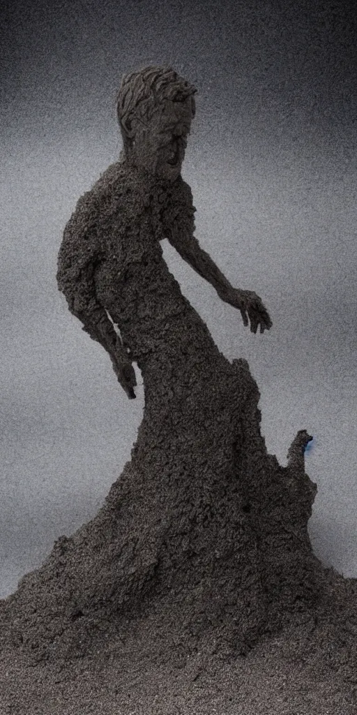 Prompt: Sandman portrait, full body. Sand twirls around the figure, haze. dark shadows in the background. volumetric light. heavy stormy clouds forming tornado above. all made from sand. H.R. Giger