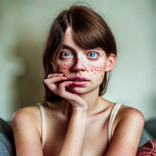 Image similar to intricate crisp portrait of a cute thin young woman, light bronze brown hair, very detailed emerald green eyes, red blush, light freckles, soft smile, casual clothes, relaxing on the couch, home interior, golden hour, close up shot, 8 k, hyperreal art by irakli nadar, hyperrealism, hyperdetailed, ultra realistic