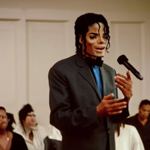 Image similar to cinematic still of Michael Jackson preaching at a Baptist Church in Rural Tennessee, close up, shallow depth of field, cinematic