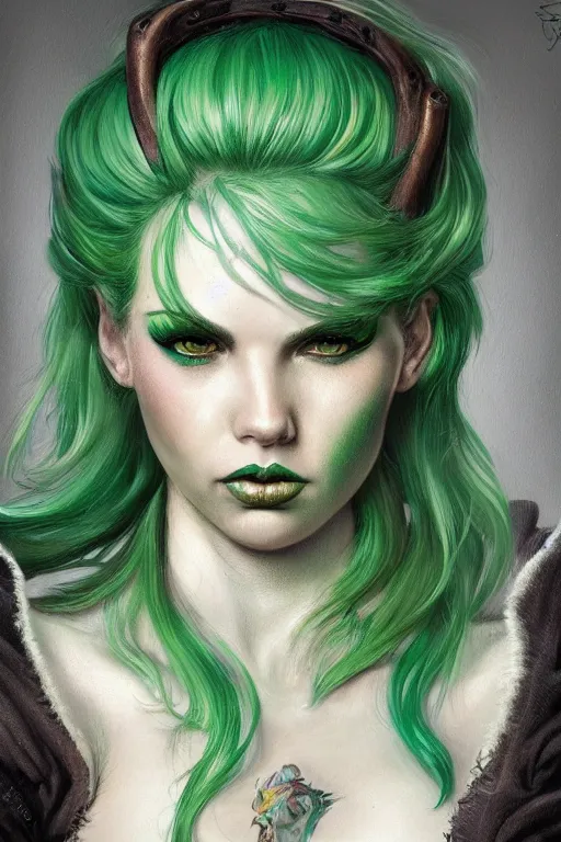 Image similar to closeup portrait shot of green hair tattooed pinup hannah murray, rogue bard, dnd, highly detailed, digital painting, artstation, concept art, soft focus, depth of field, artgerm, tomasz alen kopera, peter mohrbacher, donato giancola, wlop, boris vallejo