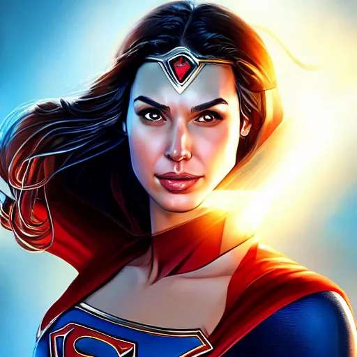 Image similar to a potrait of face of gal gadot as Supergirl from Kryptonian by Stanley Artgerm Lau, WLOP, Rossdraws, James Jean, Andrei Riabovitchev, Marc Simonetti, Yoshitaka Amano, ArtStation, CGSociety, Full body shot