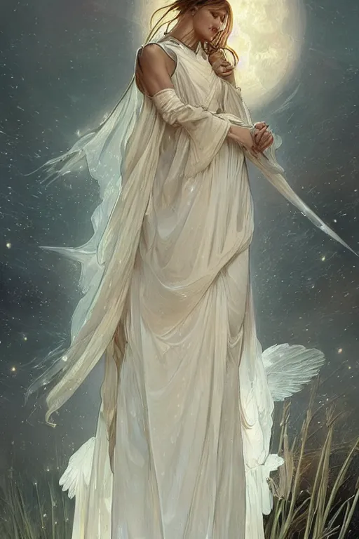 Image similar to Angels in white gauze dresses, the glow of the moonlight, fantasy, intricate, elegant, highly detailed, digital painting, artstation, concept art, matte, sharp focus, illustration, art by Artgerm and Greg Rutkowski and Alphonse Mucha