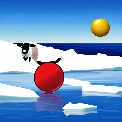 Image similar to cartoon drawing of a seal tossing a red ball with a sheep in antarctica. the seal's head is sticking out above the water and the sheep is standing near the edge of ice