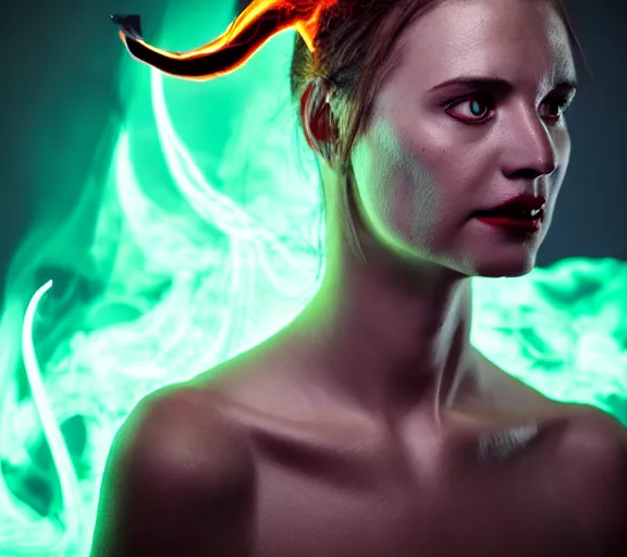 Image similar to portrait of a woman with horns made of flames and glowing green eyes, in the wisps of thick smoke, looking into the camera, studio photography, studio lighting, realistic render, octane render, 4 k, 8 k, face in focus