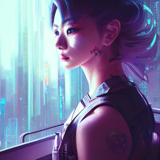 Prompt: art by rossdraws, portrait of cyberpunk woman looking out of a window, cyberpunk setting, futuristic, highly detailed, intricate lighting, digital painting, sharp focus, illustration, trending on artstation.