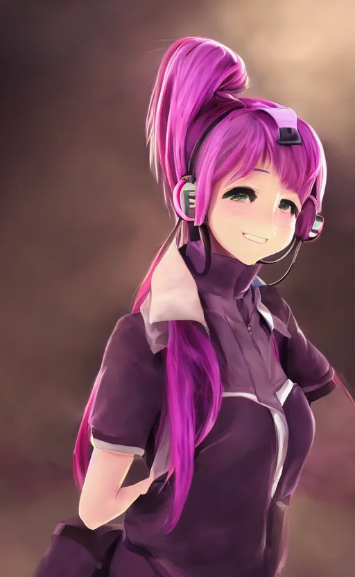 Image similar to anime girl with pink ponytail, wearing purple headphones, wearing a green sweater, with a smile on her face and her eyes closed, walking down a street, dynamic lighting, photorealistic fantasy concept art, trending on art station, very detailed, anime concept art, stunning visuals, creative, cinematic, ultra detailed