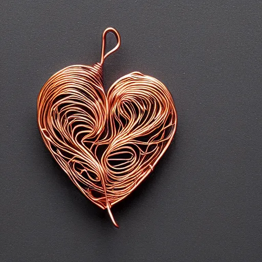 Image similar to a very beautiful tiny human heart organic sculpture made of copper wire and threaded pipes, very intricate, curved. studio lighting, high resolution, high quality, black background