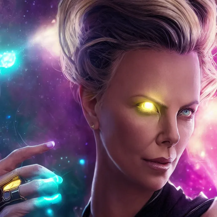 Image similar to portrait of ((Charlize Theron)), wearing The Infinity GAUNTLET. THANOS SNAP. intricate artwork. octane render, trending on artstation, very coherent symmetrical artwork. avengers. thanos. cinematic, hyper realism, high detail, octane render, 8k, iridescent accents