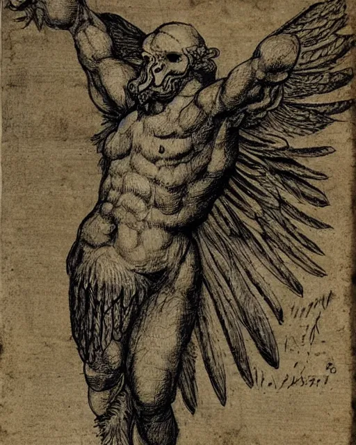 Image similar to human - eagle creature with one big beak, drawn by da vinci