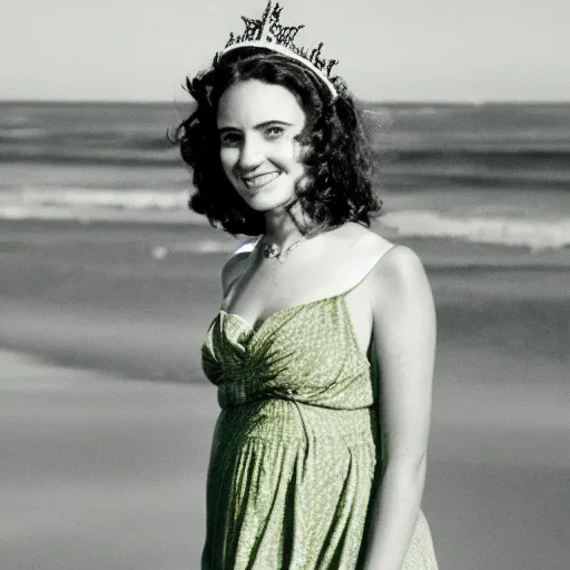 Image similar to A photo of a young woman standing on a beach wearing a green dress and a crown