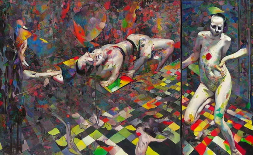 Image similar to decollage painting a multi - colored shot from a stalker movie tarkovsky vibe by adrian ghenie and takato yamamoto and edward hopper and mark ryden and tsutomu nihei, part by bridget riley, acrylic pour and splashing paint, very coherent, baroque elements, perfect anatomy, intricate design. pop art.