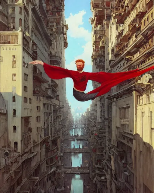 Image similar to wide angle of attractive red - headed bearded man wearing a white t - shirt levitating over the street below, arms spread wide, highly detailed, digital painting, artstation, concept art, smooth, sharp focus, illustration, art by artgerm, greg rutkowski, alphonse mucha, j. c. leyendecker