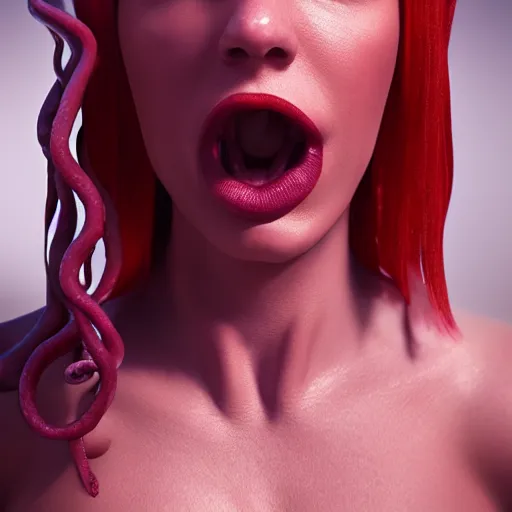 Prompt: highly photorealistic expired fuji film portrait of woman with long tentacled tongue, unreal engine 5, high octane render, award winning photography