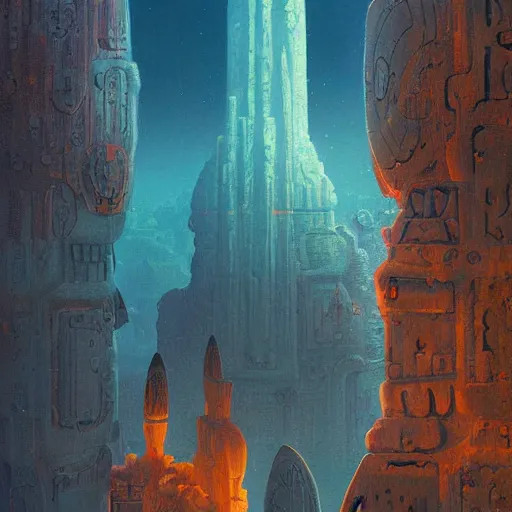 Prompt: a beautiful painting by johfra bosschartau, paul lehr, and beeple, trending on artstation A beautiful painting of colossal ancients viking monolithic marble city by a seacliff, royal br