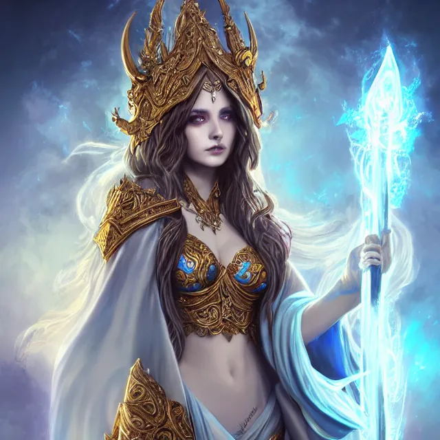 Image similar to beautiful elemental sky witch with ornate robes and staff, highly detailed, 4 k, hdr, smooth, sharp focus, high resolution, award - winning photo, artgerm, photorealistic