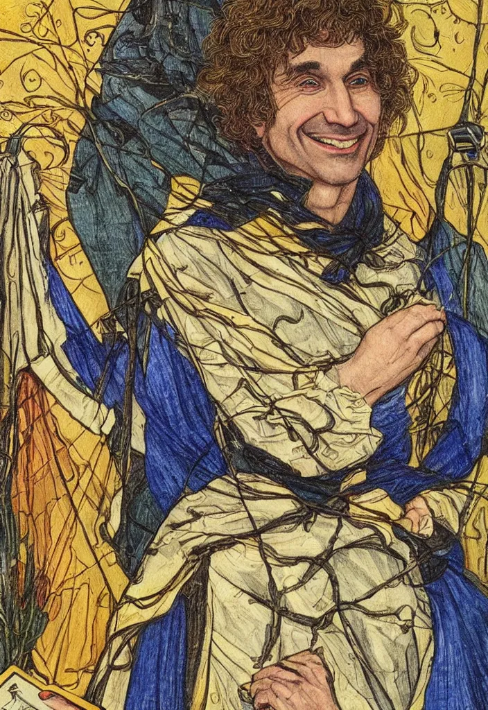 Image similar to Yoshua Bengio smiling on the Tarot card. Illustration by preraphaelists.