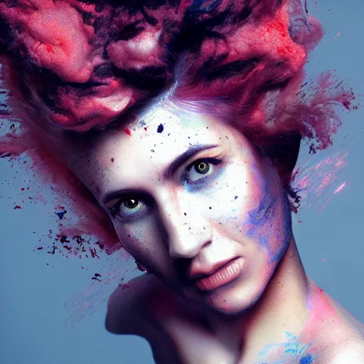 Prompt: women portrait made out of exploding paint, epic hair, octane render, highly detailed, realistic, comic book art