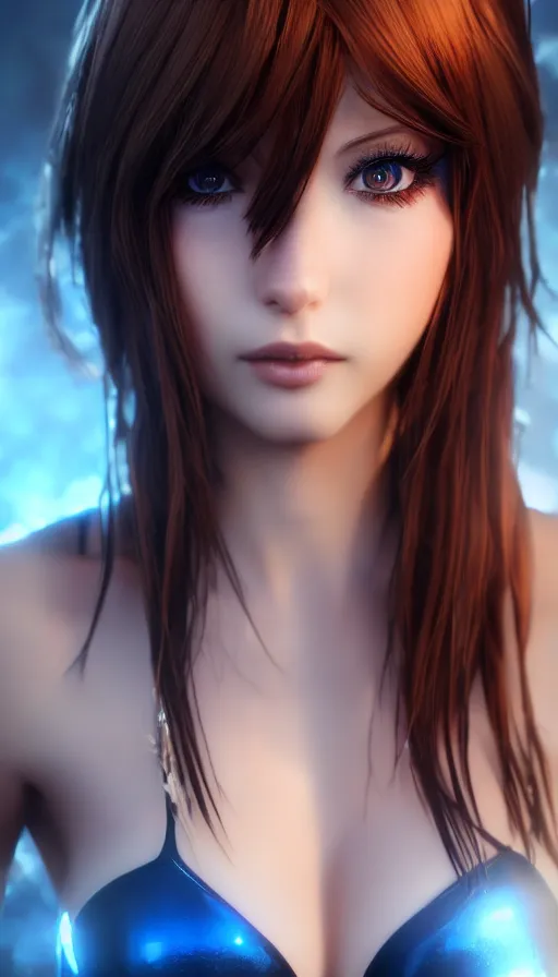 Image similar to render as a very beautiful 3d anime woman with short brown hair, blue eyes, heavy makeup, short smile, cinematic lightning, highly detailed, trending on Artstation, Unreal Engine 4k, cinematic wallpaper