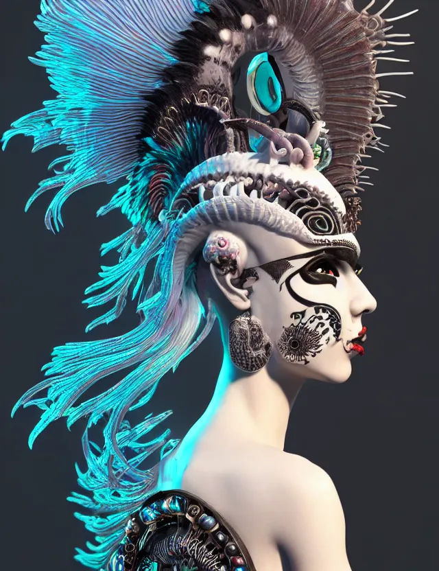 Image similar to 3 d goddess close - up profile portrait punk with mohawk with ram skull. beautiful intricately detailed japanese crow kitsune mask and clasical japanese kimono. betta fish, jellyfish phoenix, bio luminescent, plasma, ice, water, wind, creature, artwork by tooth wu and wlop and beeple and greg rutkowski