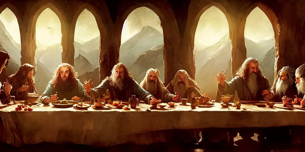 Prompt: the hobbit last supper by greg rutkowski, digital painting, trending on artstation, sharp focus, 4 k