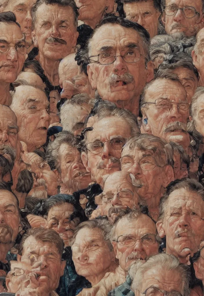 Prompt: small group of people, men and women, close - up of the faces, anatomically and proportionally correct : : oil painting by james jean, norman rockwell, milo manara and james gurney, intricate and detailed, photorealism, cgsociety