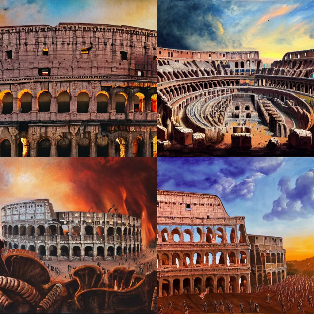 Prompt: close up of colosseum on fire in ancient rome being invaded by skeletons, wide angle view, top view, sunset, hyperrealistic, high detail, oil painting, 8 k,