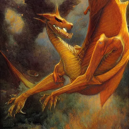 Image similar to highley detailed potrait of charizard the pokemon, painting by gaston bussiere, craig mullins, j. c. leyendecker, lights, art by ernst haeckel, john william godward, hammershøi,