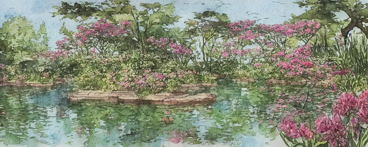 Image similar to isomeric view, delicate lake in a botanic garden, garden road, sparrows, temple in a botanical herbarium paper, watercolor colored painting, iridescent colors, 8 k, realistic shaded, fine details, artstation, italian style, colonnade, flowers, architecture, roma