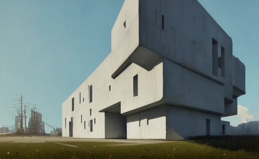 Image similar to painting of a wide angle exterior shot of a white brutalist architecture house with cinematic lighting by zaha hadid and peterzumthor, darek zabrocki and greg ruthkowski, alphonse mucha, simon stalenhag and cinematic and blue cold atmospheric, archillect concept art, artstation, trending on artstation