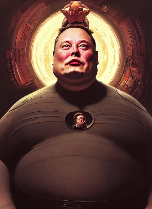 Image similar to elon musk as vladimir harkonnen!!, obese, portrait, intricate, elegant, highly detailed, digital painting, artstation, concept art, wallpaper, smooth, sharp focus, illustration, art by h. r. giger and artgerm and greg rutkowski and alphonse mucha