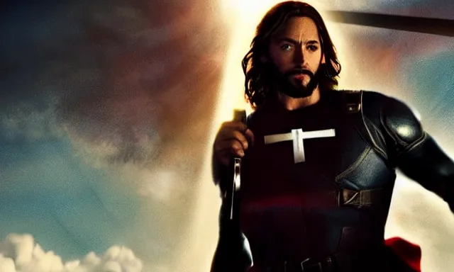 Image similar to jesus christ fighting alongside the avengers, using his cross as weapon, photorealistic, cinematic lighting, extremely detailed, marvel cinematic universe