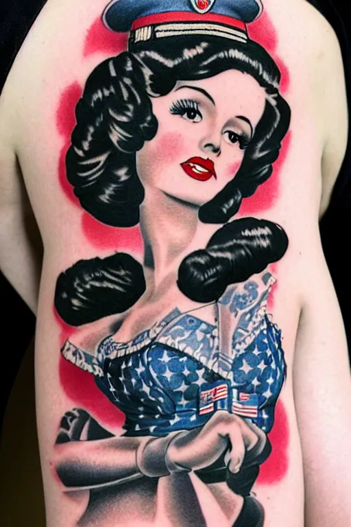 Image similar to traditional American tattoo of a pinup doll, WWII style, detailed