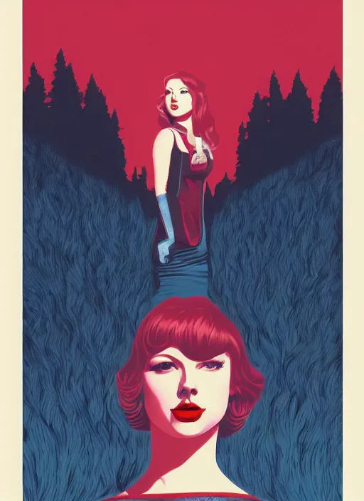 Image similar to Twin Peaks poster artwork by Michael Whelan and Tomer Hanuka, Karol Bak of portrait of Taylor Swift the local cheerleader, from scene from Twin Peaks, clean, simple illustration, nostalgic, domestic