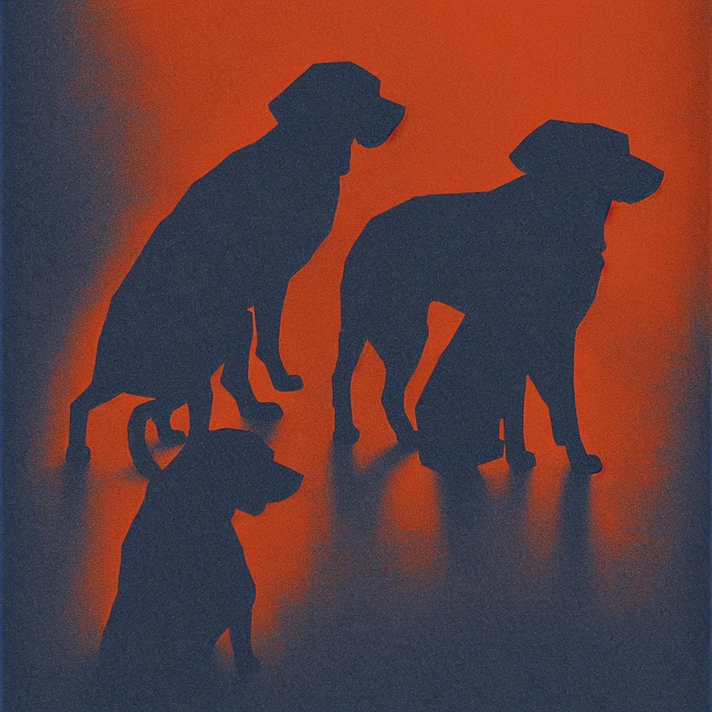 Image similar to seriously?? dog meme, mads berg, karolis strautniekas, film noir, stippled light, dramatic lighting, editorial illustration, detailed, fine texture, matte print, art deco, brutalism, dark blue + dark orange, red, black, ( ( habitat 6 7 background ) )