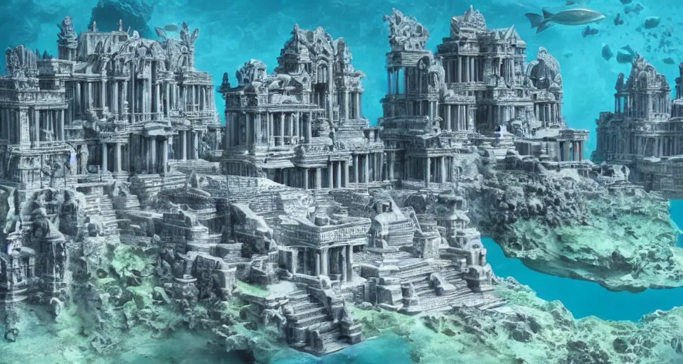 Prompt: a magnificent underwater side view of the lost city of Atlantis, white marble, fully built buildings, temples, hyper detailed, 4K