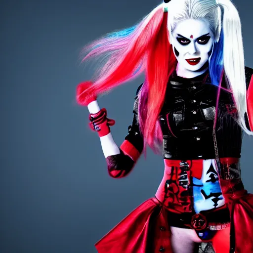 Prompt: an potrait of Avril Lavigne play Harley Quinn, 4k
