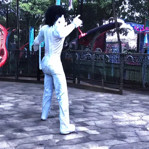 Image similar to the ghost of michael jackson haunting an amusement park, horror scene, hyper realistic