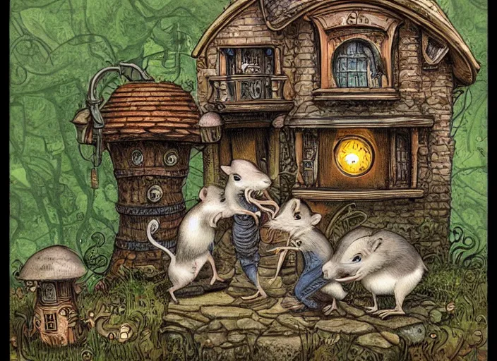Prompt: Family of rats in front of a steampunk mushroom house, fantasy illustration by tony diterlizzi