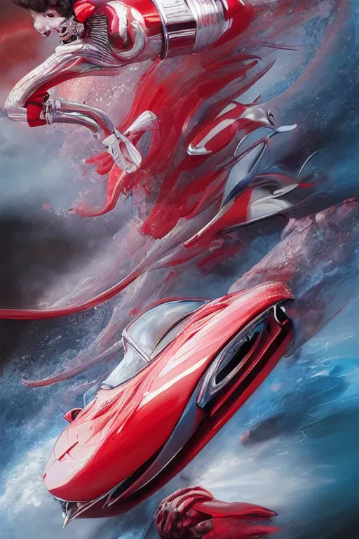 Image similar to Speed Racer, realistic and ultra intricate detailed soft painting, volumetric lighting, mist, chains and red fluid background, artstation, Tom Bagshaw Yasushi Nirasawa Moebius artstyle, unreal render, depth of field