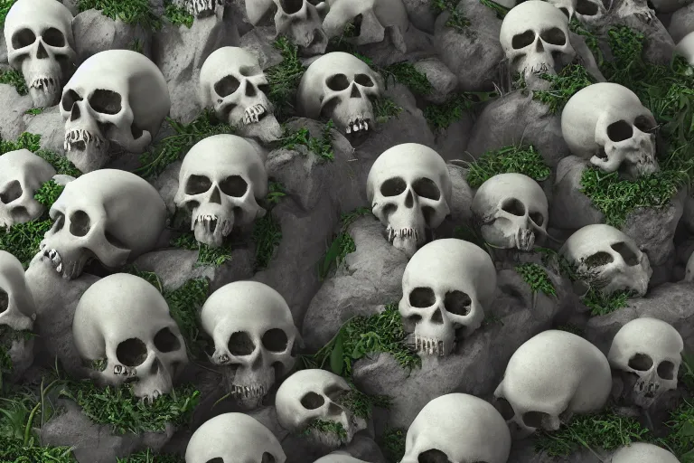 Image similar to skulls sprouting from the ground like a ( ( tree ) ), octane render, digital painting, trending on artstation, highly detailed, epic composition, 8 k uhd