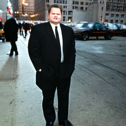 Prompt: 1 9 9 8 andy richter wearing a black suit and necktie standing on the streets of chicago at night in winter.