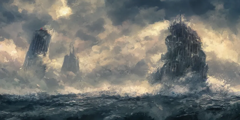 Prompt: stone giant standing in sea protecting small island city with skyscrapers from a tidal wave, low angle, concpet art, digital painting, high detail
